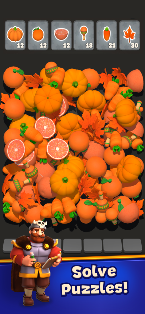 Match 3D Saga - A 3D matching puzzle level in Match 3D Saga featuring pumpkins carrots and autumn leaves
