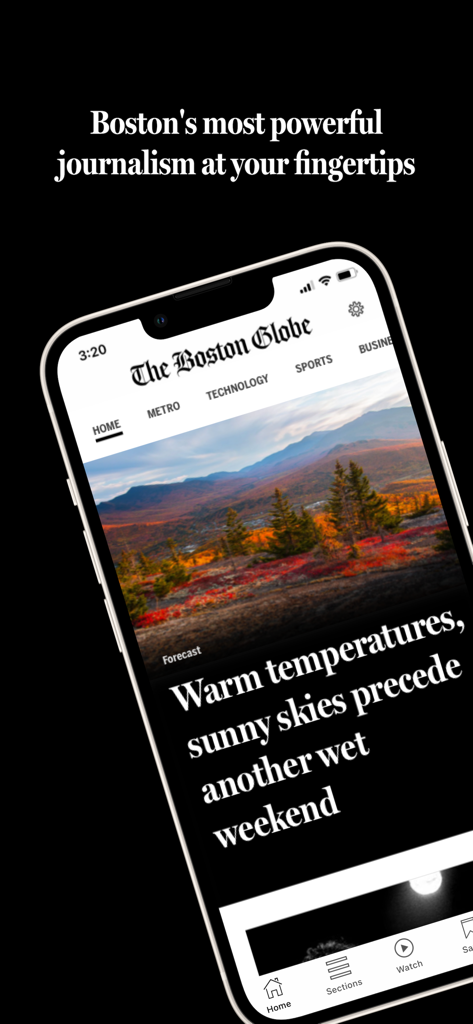 The Boston Globe news app interface showing latest local headlines on a mobile screen