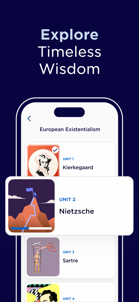 Interfaz de la aplicación Fathom mostrando una ruta de aprendizaje de existencialismo europeo con unidades para Kierkegaard y Nietzsche.