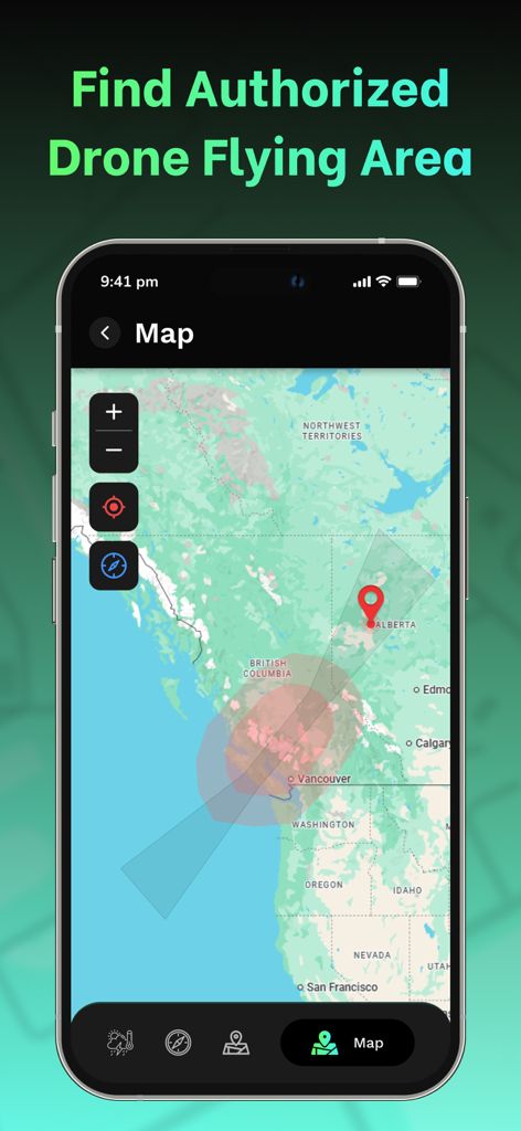 Map view in the Drone Forecast app showing authorized drone flying areas and restricted no-fly zones