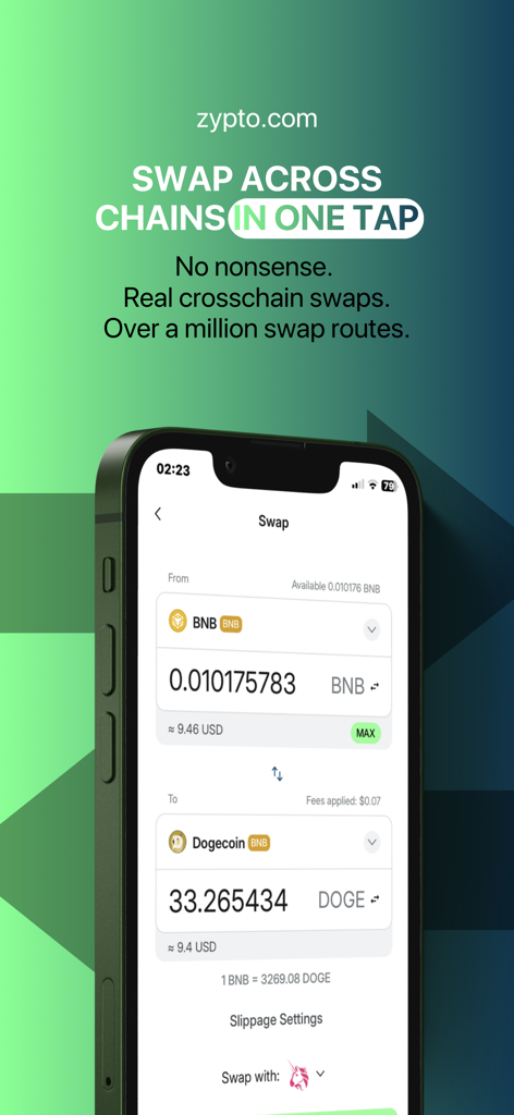 Zypto Crypto & Bitcoin Wallet - Zypto app interface showing a cross-chain crypto swap between BNB and Dogecoin