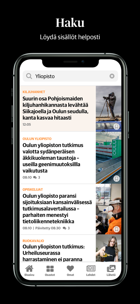 Kaleva - 「Yliopisto」（大学）の検索結果を表示するKalevaニュースアプリの検索インターフェース