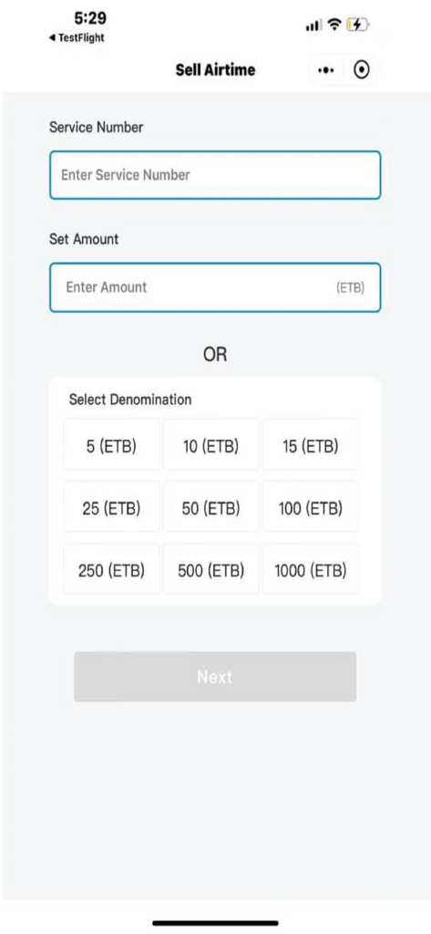 telebirr partner - Telebirr partner app interface for selling airtime with amount selection in ETB
