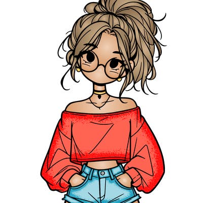 girl with a messy ponytail glasses a baggy crop top and jean shorts