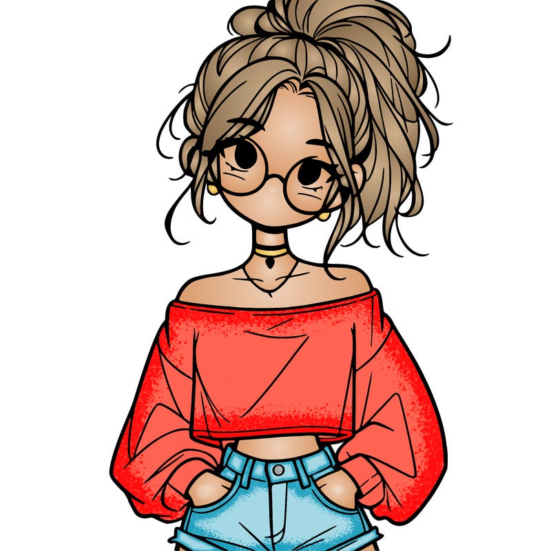 girl with a messy ponytail glasses a baggy crop top and jean shorts