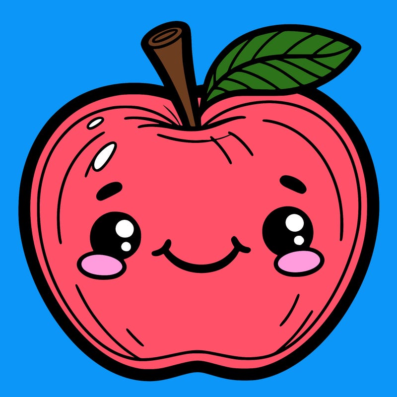 a large, cartoonish apple with a smiling face