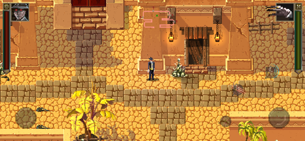 Pixel art gameplay of the detective character in Lovecraft's Untold Stories exploring a desert ruin.