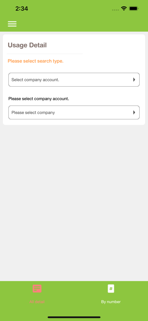 eBusiness Portal - Usage Detail screen in the eBusiness Portal app showing options to select a company account.