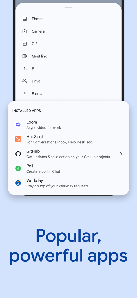 Loom, HubSpot, GitHub와 같은 통합된 전문 앱을 보여주는 Google Chat 인터페이스.
