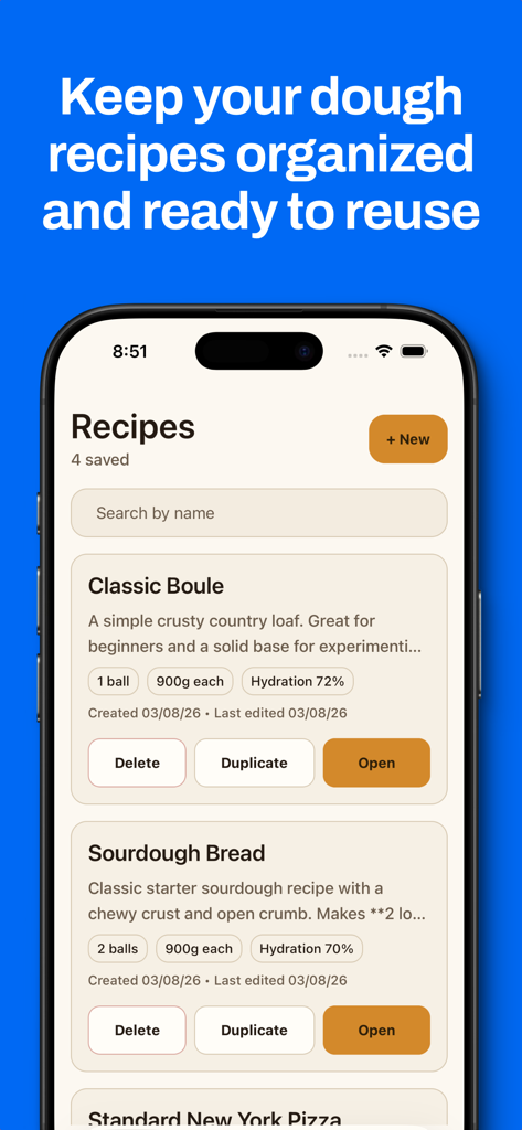 Dough Maker: Bread Calculator - A mobile screen showing a list of saved bread recipes with hydration percentages and batch details