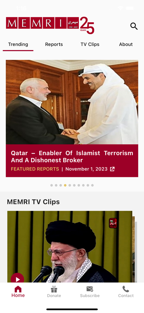 MEMRI iPhone Edition - A tela inicial do aplicativo MEMRI para iPhone apresentando relatórios de notícias populares e clipes de TV do Oriente Médio.