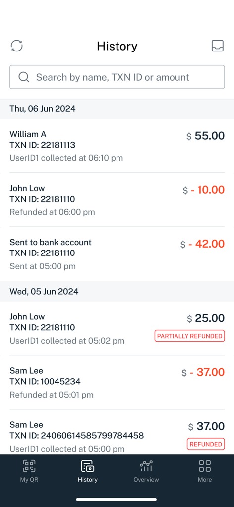 DBS MAX - Transaction history screen showing a list of merchant payments and refunds with dates and amounts