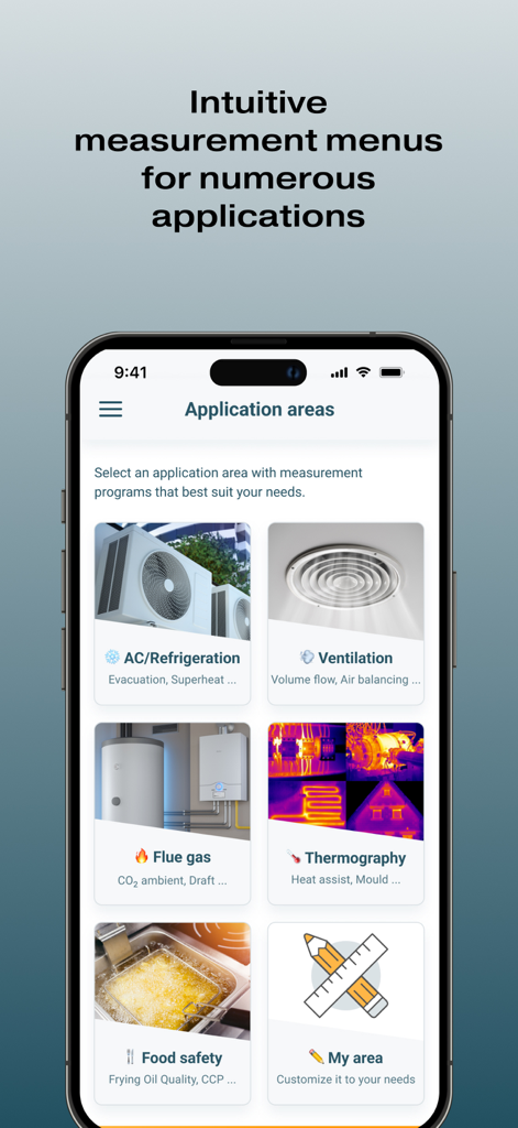 testo Smart - Exibição em smartphone do app testo Smart mostrando diferentes menus de aplicativos de medição, incluindo ventilação de AC e segurança alimentar.