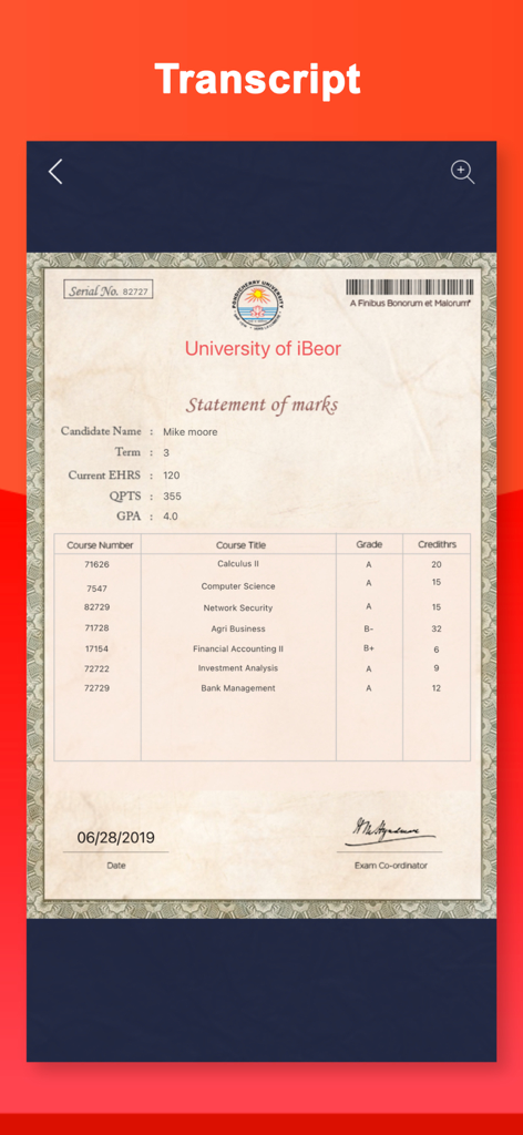 Certificate Maker: Diploma AI - Plantilla de expediente académico profesional que muestra las calificaciones de los cursos y el promedio de calificaciones (GPA) del estudiante