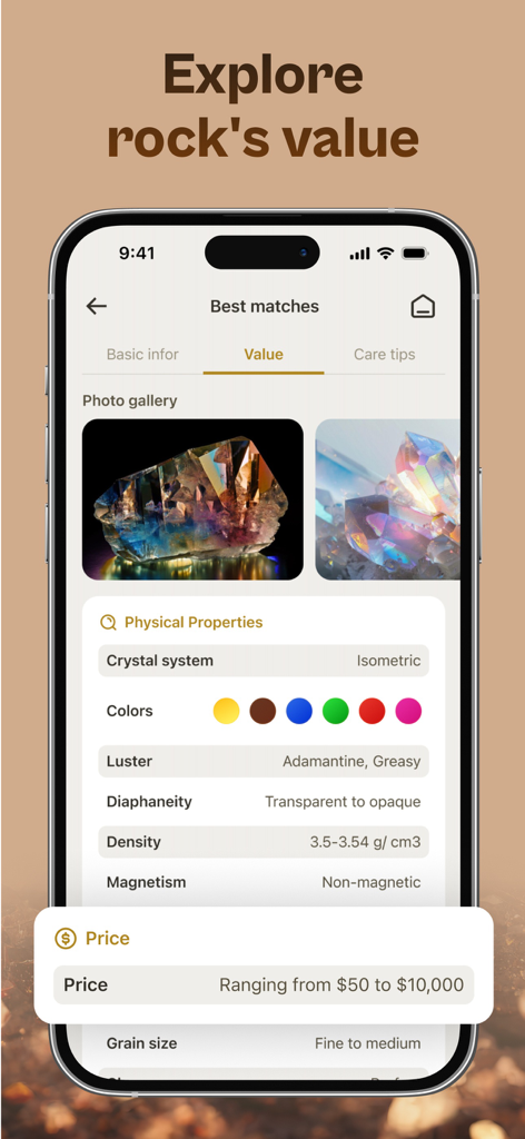 Interface do aplicativo Rock ID mostrando propriedades físicas e preço estimado de um cristal