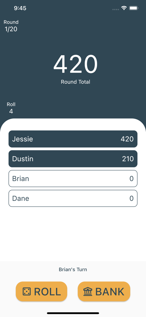 BANK Dice Game mobile interface showing player scores and buttons to roll or bank points