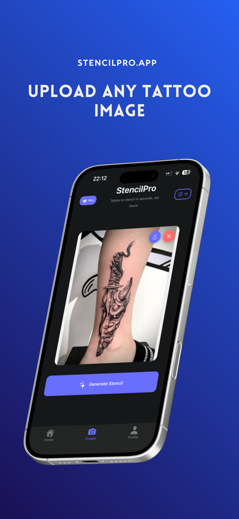 StencilProアプリのインターフェースを表示し、短剣のタトゥーデザインをアップロードしてステンシルを生成しているiPhone画面。