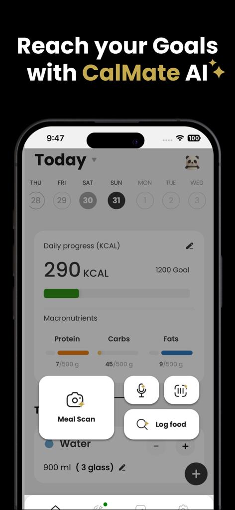 Calorie Calculator: CalMate AI - CalMate AI App-Dashboard mit täglichem Kalorienfortschritt und Makro-Tracking