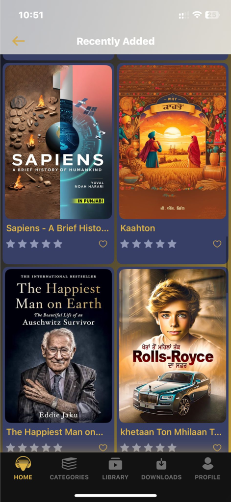 Mobile app interface of Virasat showing a selection of Punjabi audiobooks in the Recently Added section including Sapiens and local titles.