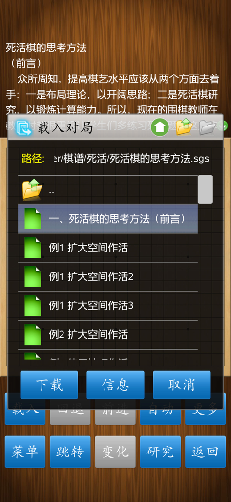 围棋经典版 - Un écran de gestion de fichiers dans l'application Go Classic Edition montrant une liste d'enregistrements de parties de Go et de matériel éducatif en chinois.