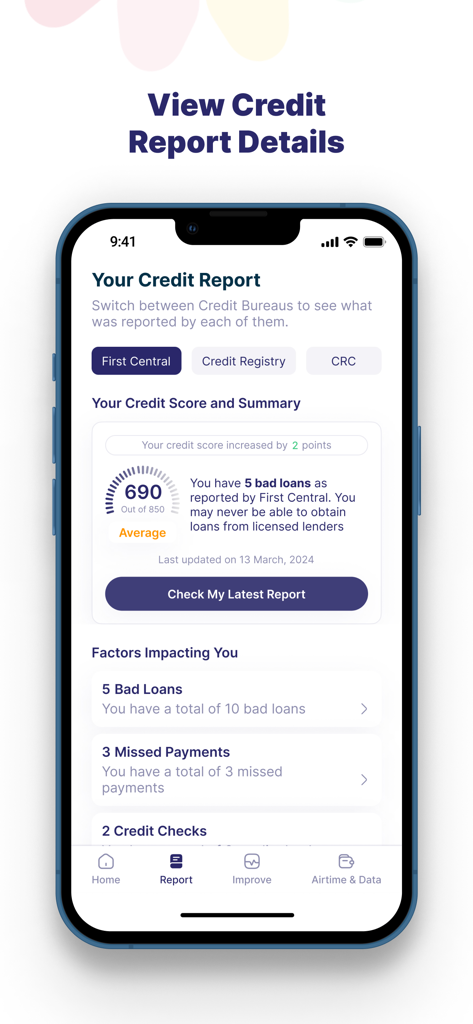 Pebblescore - PebbleScore mobile app interface displaying a comprehensive credit score and detailed credit report analysis