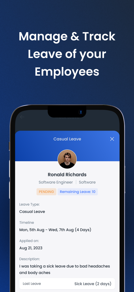 Mobile app screen for managing and tracking employee leave requests