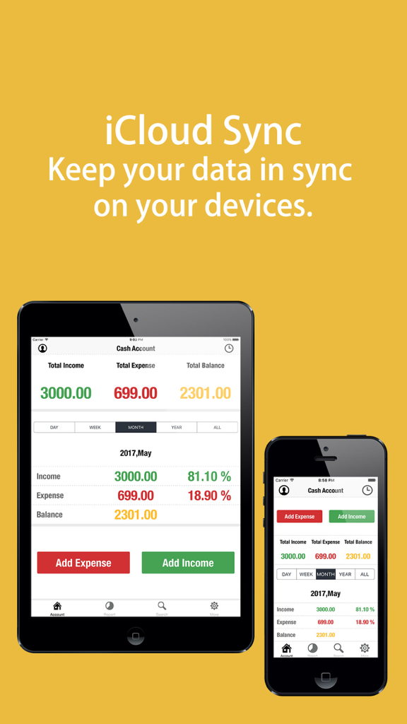 Spending Tracker app interface showing iCloud sync feature on iPhone and iPad.