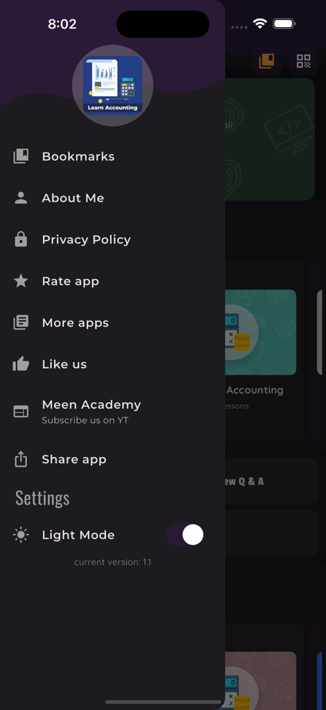 Learn Financial Accounting PRO - Side navigation menu of the Learn Financial Accounting PRO app showing options for bookmarks settings and light mode toggle