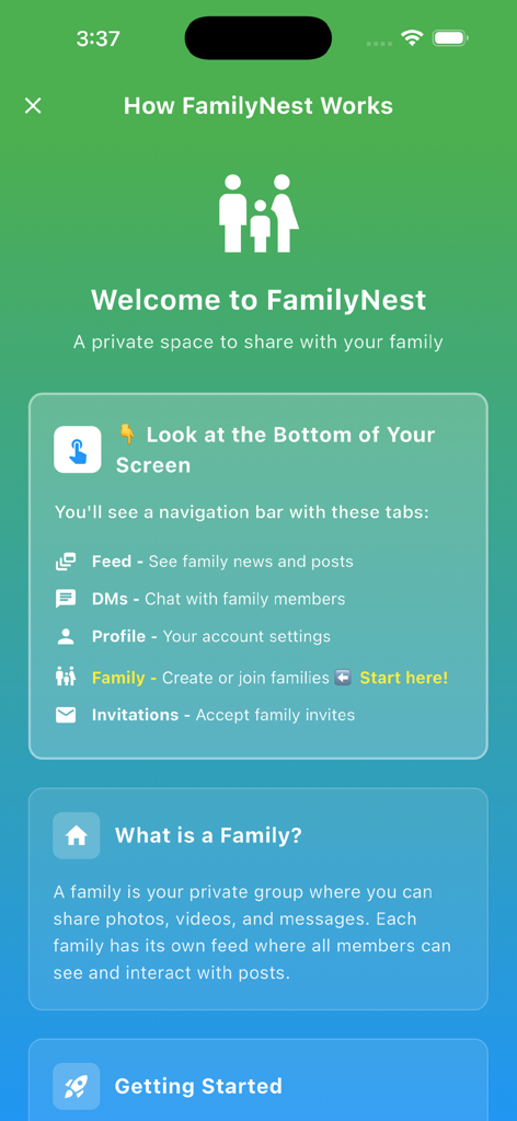 Onboarding screen of the InFamilyNest app explaining navigation tabs and the concept of private family groups.