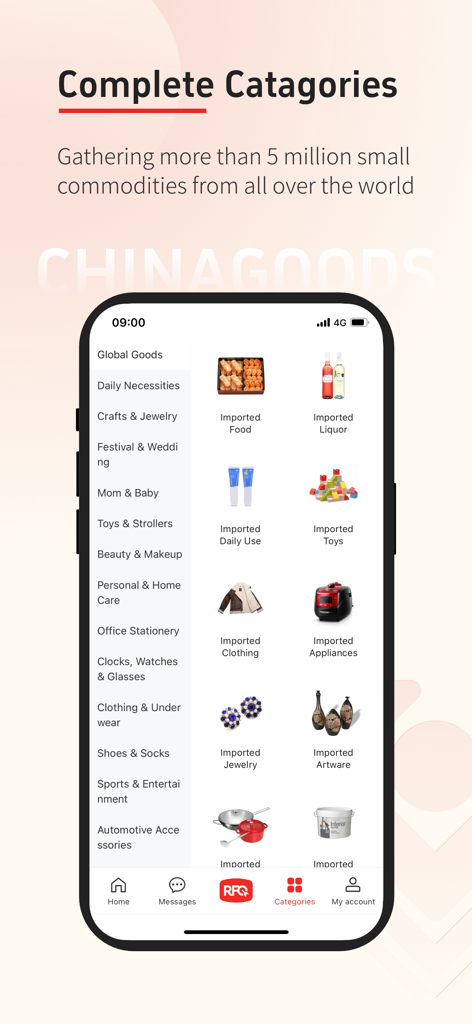 Chinagoods-YiwuMarket Official - Screenshot of the Chinagoods mobile app showing a wide range of wholesale product categories including food, jewelry, and clothing.