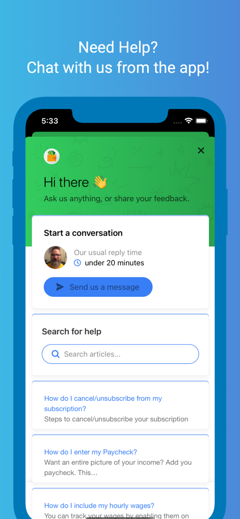 ServerLife - Tip Tracker - Captura de pantalla del centro de ayuda de la aplicación ServerLife que muestra opciones de chat en vivo y artículos de soporte.