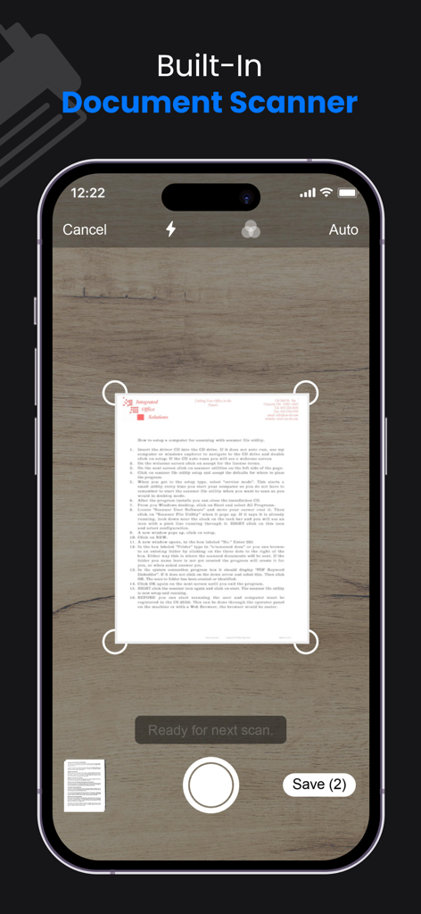 Fax Unlimited - Send Fax - Interface of the built in document scanner feature in the Fax Unlimited app