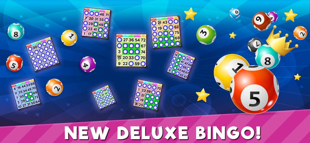 Bingo Deluxe - Colorful bingo balls and multiple game cards floating with a golden crown and the text New Deluxe Bingo