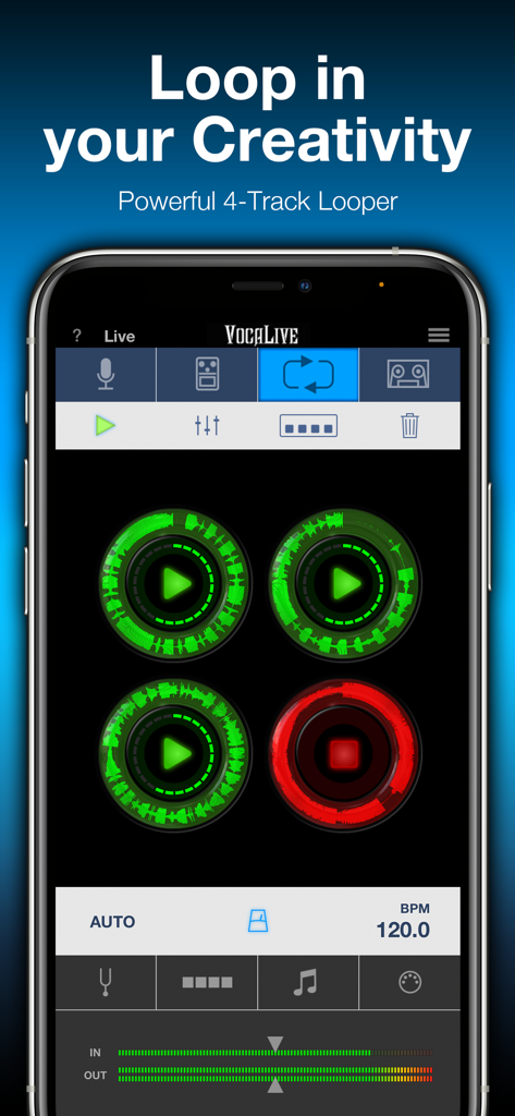 Interfaz del looper de cuatro pistas de la aplicación VocaLive CS con pantallas de forma de onda circulares