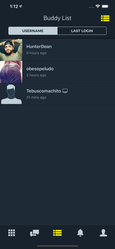 Manhunt app Buddy List interface showing usernames and last login status of users