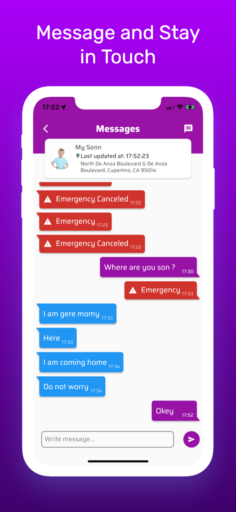 Find Family: Location Tracker - Find Family app messaging screen showing a conversation between a parent and child with location updates and emergency alerts