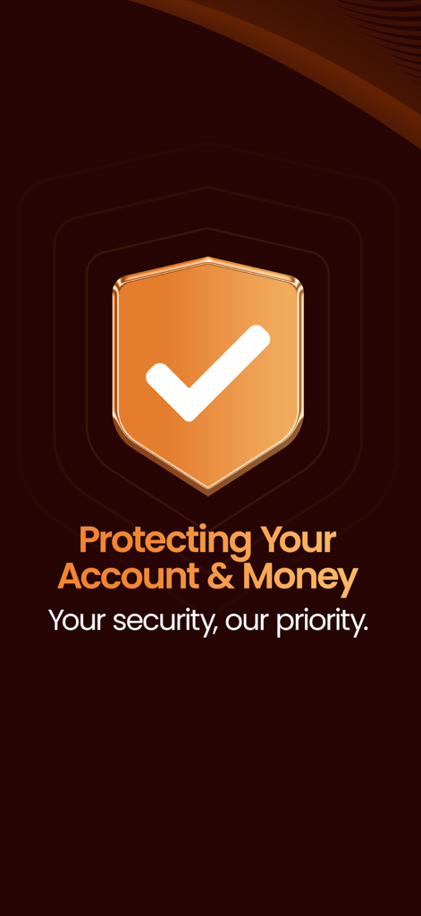 DCOM Money Express - A golden shield with a checkmark and text highlighting account and money protection on DCOM Money Express