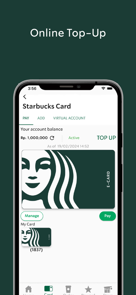 Interfaz de la aplicación Starbucks Indonesia que muestra la pantalla de Recarga en Línea y el saldo de la Starbucks Card.