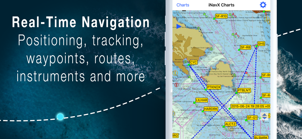 iNavX marine navigation app interface showing a detailed nautical chart with waypoints and real time tracking
