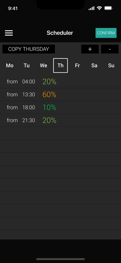 Olle Connect - Olle Connect app interface showing the weekly heating schedule with time slots and heat levels