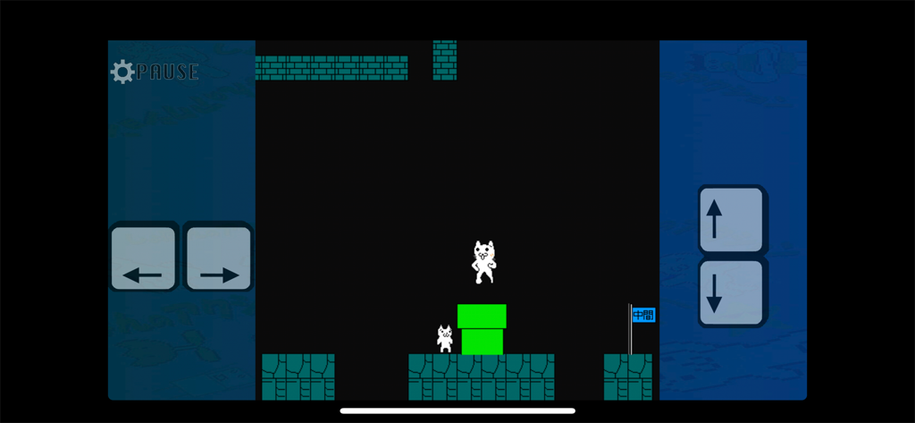 Syobon Action cat character in a 2D platformer level with mobile controls.