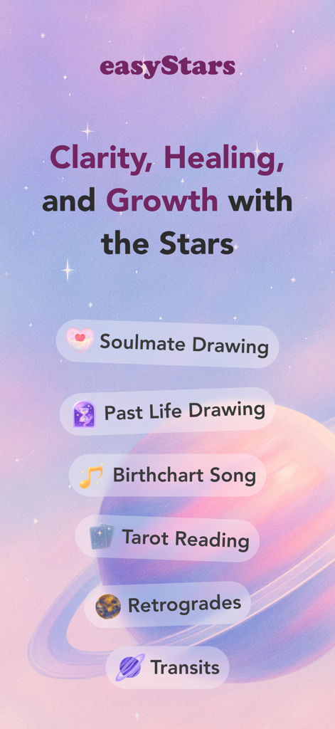 easyStars- AI Meets Astrology - A promotional screen for the easyStars app showcasing features like Soulmate Drawing, Tarot Reading, and Retrograde tracking against a cosmic background.