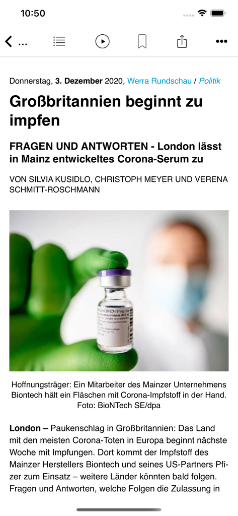 WR ePaper - Digital article view in the WR ePaper app showing a news story about vaccination