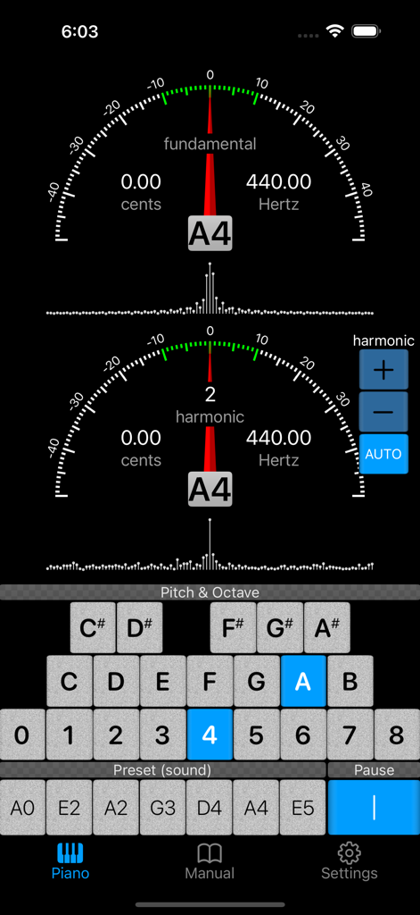 Piano Doctor - A Piano Tuner - Piano tuning app interface showing fundamental and harmonic frequency gauges for note A4