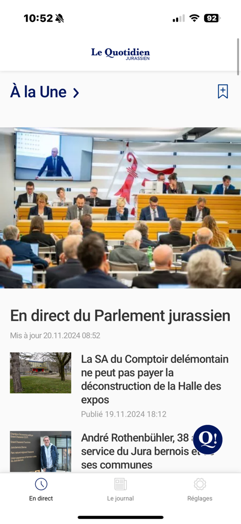 Le Quotidien Jurassien - Mobile Benutzeroberfläche der Nachrichten-App Le Quotidien Jurassien mit lokalen Schlagzeilen aus der Region Jura