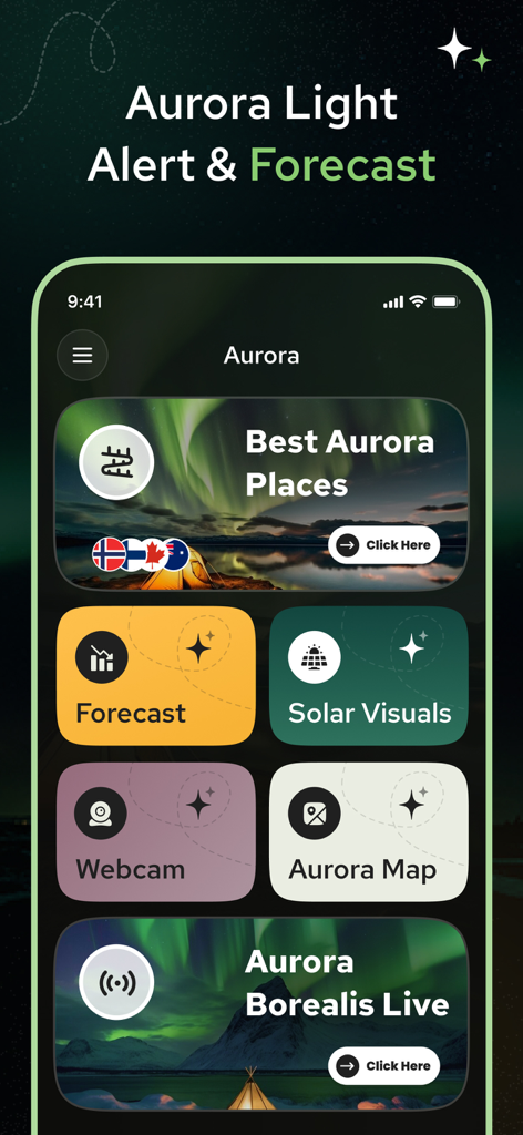Aurora Forecast - Aurora Track - Aurora Track mobile app dashboard featuring forecast maps solar visuals and live aurora borealis tracking options