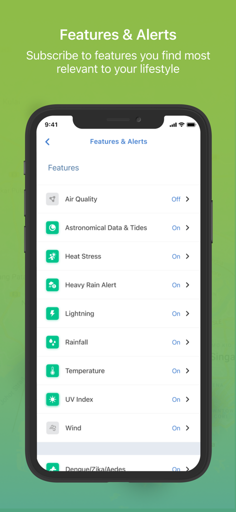 myENV - A mobile screen showing the Features and Alerts settings in the myENV app with options for air quality, heat stress, and heavy rain notifications.