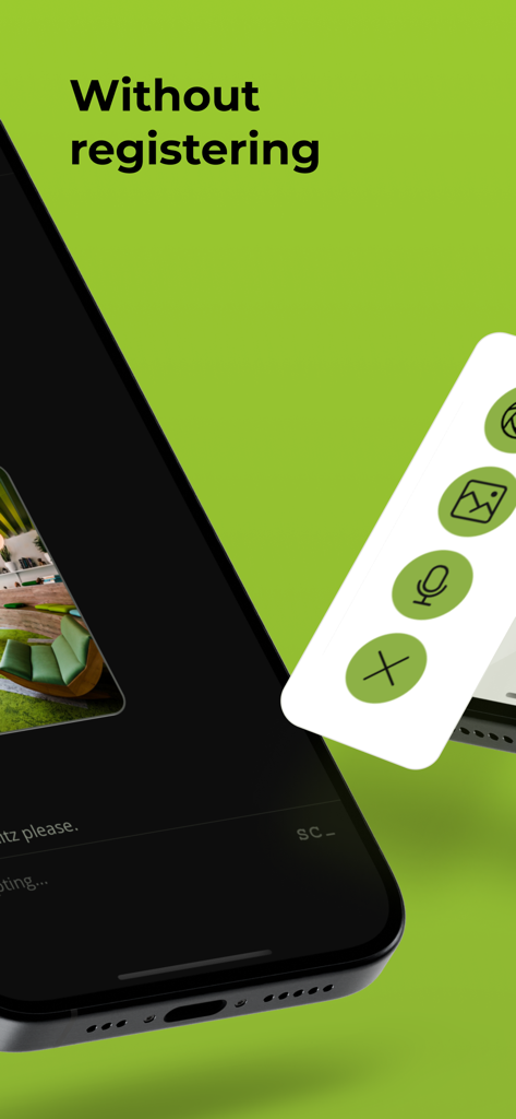 SpyChat: Invisible Chat - SpyChat app interface highlighting the no registration feature with a lime green background