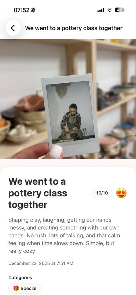 Twyne Moments - Screenshot of a shared memory in the Twyne Moments app featuring a pottery class experience with a polaroid photo and personal note.
