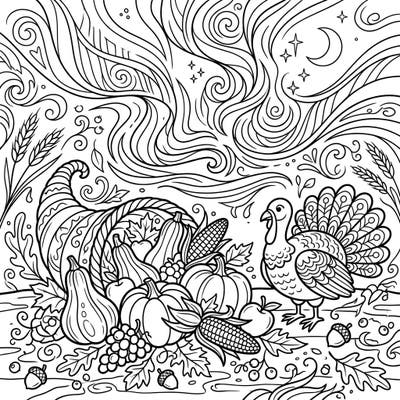 Bring the magic of the Northern Lights to your Thanksgiving festivities with this captivating coloring page. Featuring a classic harvest cornucopia and a friendly turkey beneath a vibrant purple aurora, it's a unique seasonal treat.